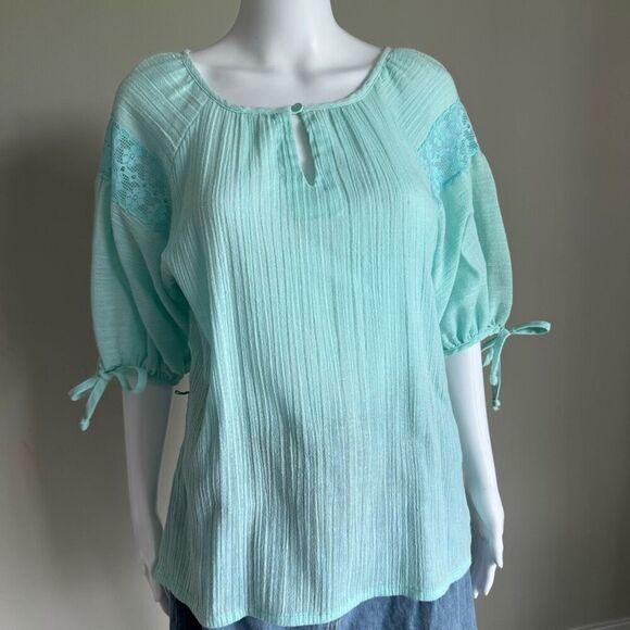 Vintage Sea Glass Blue Peasant Top Blouse Crotchet Lace Size M - Picture 2 of 7